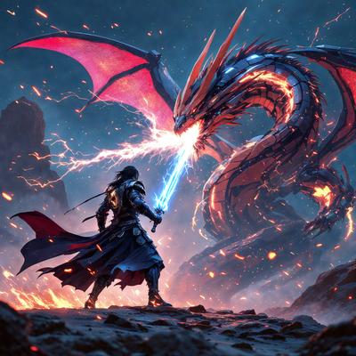 The primary subject of the image is a man holding a sword, standing in front of a large, fire-breathing dragon. The setting appears to be a fantasy world, with the man and the dragon as the main focus. The visual style of the image is digital art, with the man and the dragon being the main objects in the scene. The colors and mood of the image are dramatic and intense, with the fire-breathing dragon creating a sense of danger and excitement.